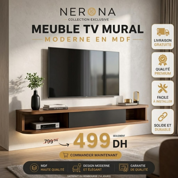 Meuble TV Mural Flottant en MDF nero